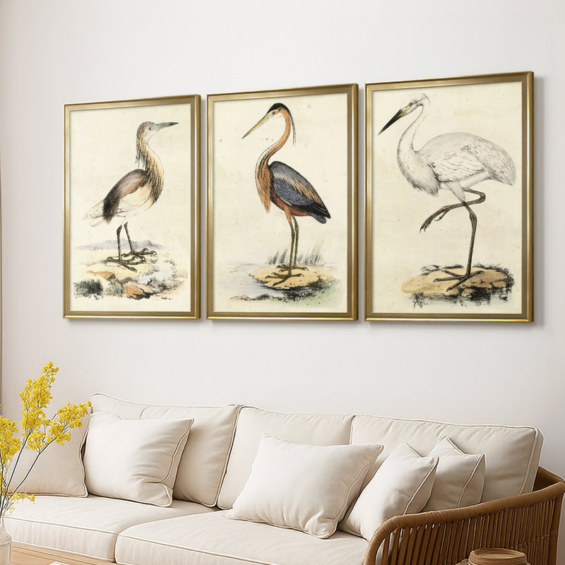 Antique Heron I - Toile tendue avec châssis sur mesure - 3 pièces, H 15 po x l 19 po, Doré