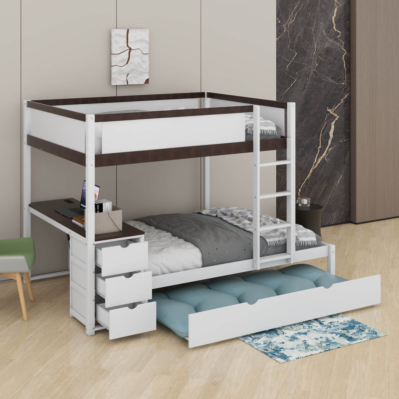 Bunk Bed With Desk, Storage Drawers And Trundle, Simple sur simple, Blanc/noyer