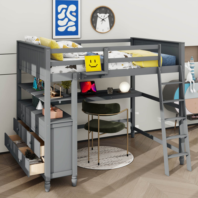 Lit mezzanine en bois avec tiroirs, bureau et tablettes Kaarel, Lit double, gris