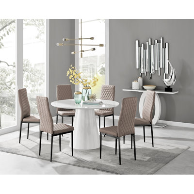Edward Statement Pedestal Dining Table Set with 6 Luxury Faux Leather Upholstered Dining Chairs