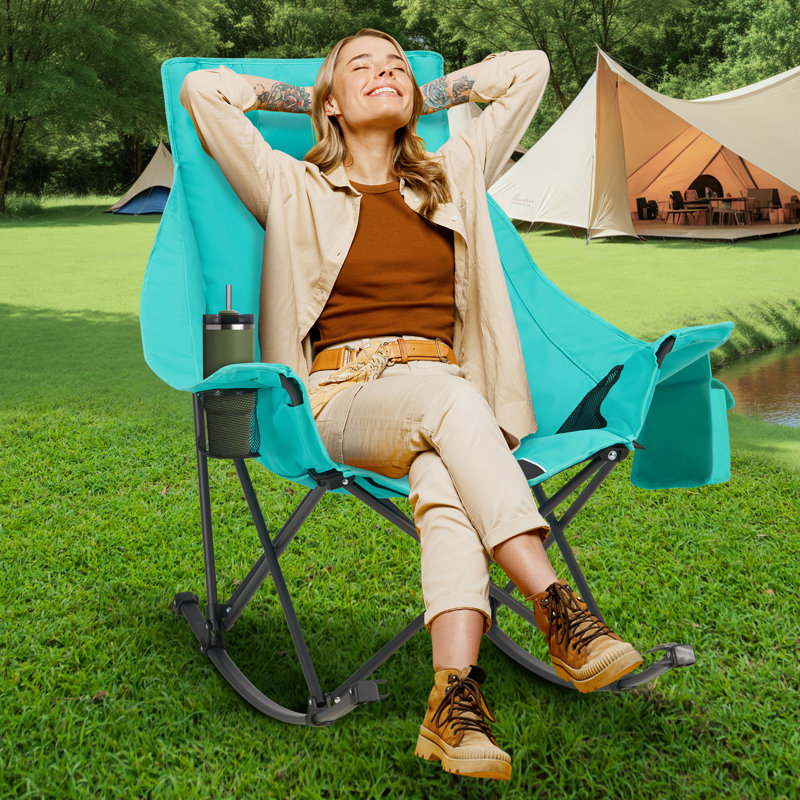 Oversize Folding Rocking Camping Chair For Outside Use With Cup Holder,Support 300 Lbs, Black/Green