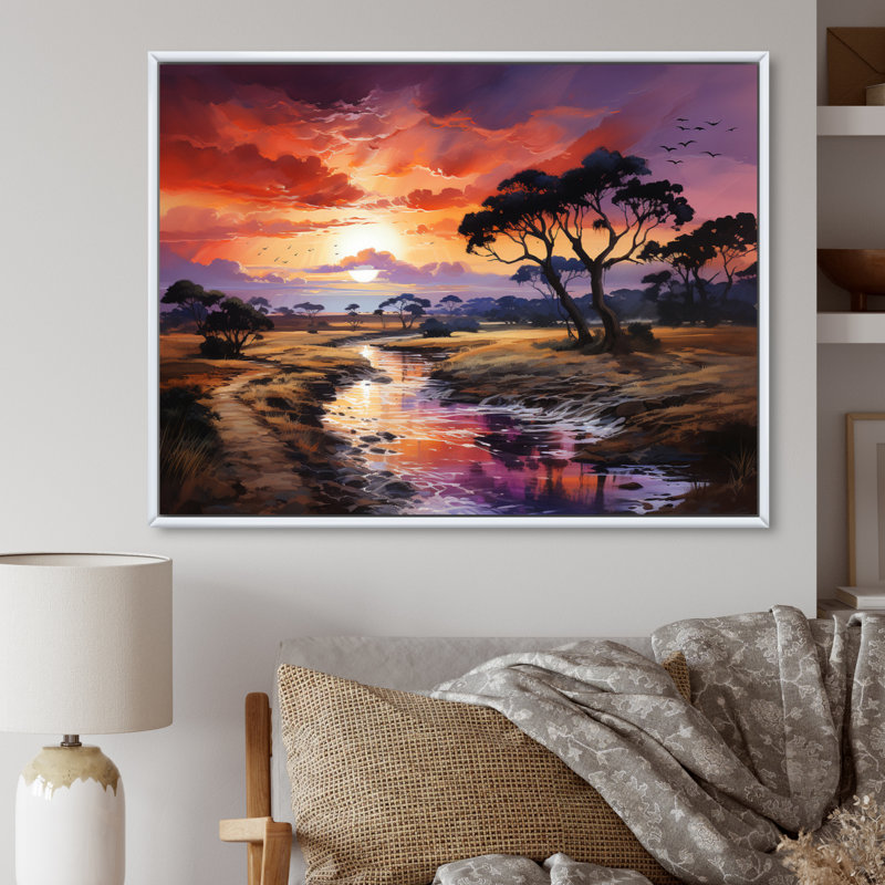 Coucher de soleil africain Serengeti - art mural africain, Cadre flottant blanc, H 34 po x l 44 po x P 1,5 po