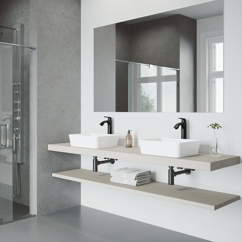 Marigold 18" L x 14" W x 5" H Rectangular White Matte Stone Vessel Bathroom Sink with 12" H Faucet, Matte Black
