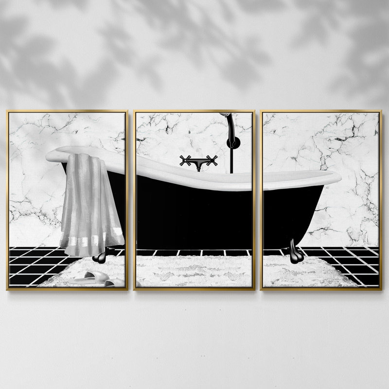 Modern Bath I - 3 pièces, reproduction encadrée sur toile, H 40 po x l 78 po x P 2 po, Or