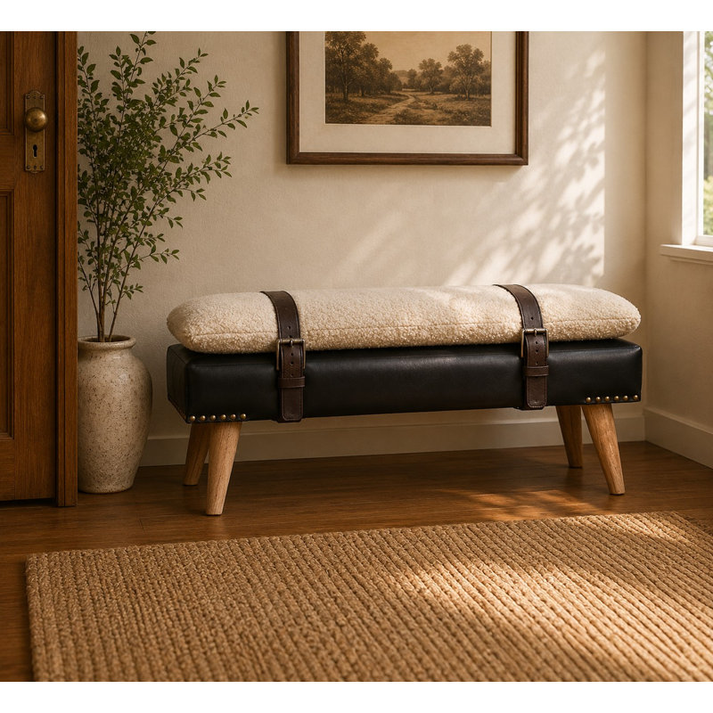 Solid Wood Bench with Nailhead Trim, Black/Beige