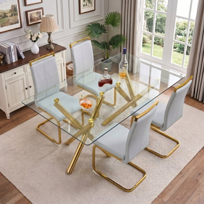 Modern Glam 5-Piece Tempered Glass Dining Set with Faux Leather Chairs