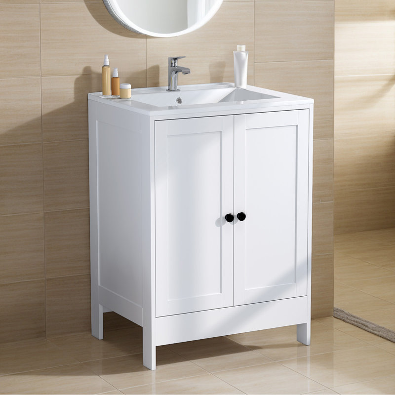 24'' White Bathroom Vanity With Ceramic Top With Door Back Storage