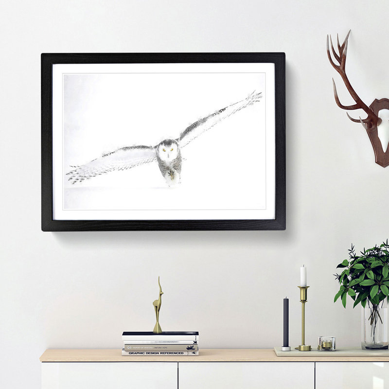 Snowy Owl - Single Picture Frame Painting on MDF, 33cm H x 45cm W x 2cm D, Black Framed