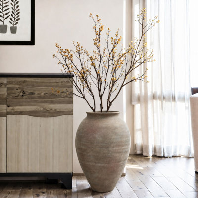 Vase en céramique rustique, pot en terre cuite de 12,4 po de hauteur avec finition gris-brun terreux