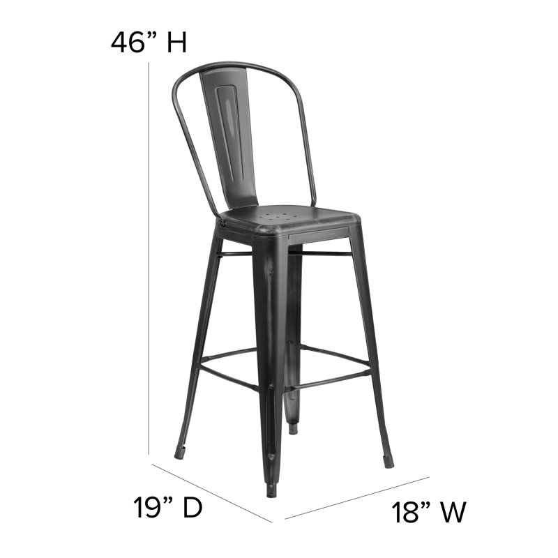 Angelean 24" High Distressed Metal Indoor-Outdoor Counter Height Stool - Back, Black, Bar Stool (30" Seat Height)