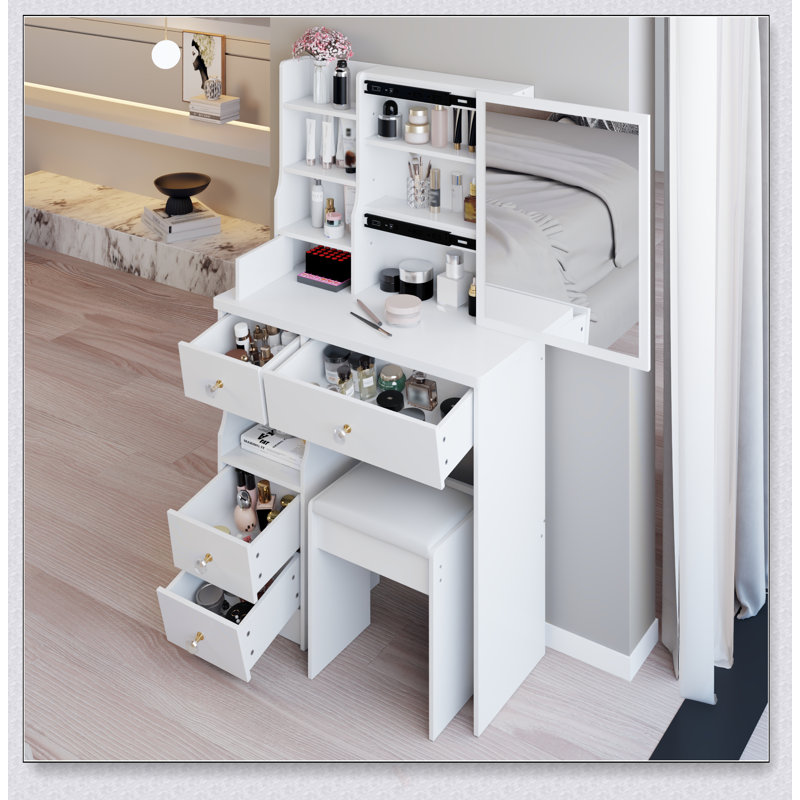 Table de coiffeuse compacte de 29,2 pouces avec très grand miroir coulissant, rangement multicouche et tabouret rembourré pour les petits espaces