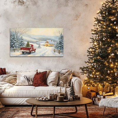  Art de Noël sur toile camion rouge de Noël, peinture sur toile scène d'hiver, décoration murale de maison de vacances enneigée, impressions sur toile de Noël pour suspension murale intérieure, salon familial, chambre à coucher, 32 x 16 pouces