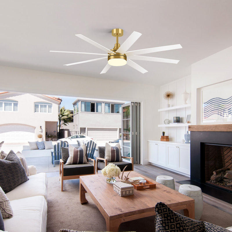 Ventilateur de plafond standard à 8 pales avec télécommande et ensemble d'éclairage Jamii-Leigh inclus, 65", Blanc, Or
