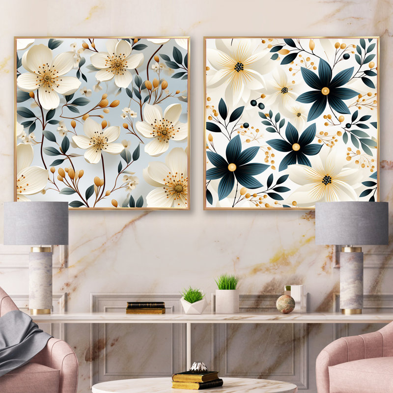 Ephemerine - Ensemble de 2 collages carrés floraux, Cadre flottant doré, H 30 po x l 61 po