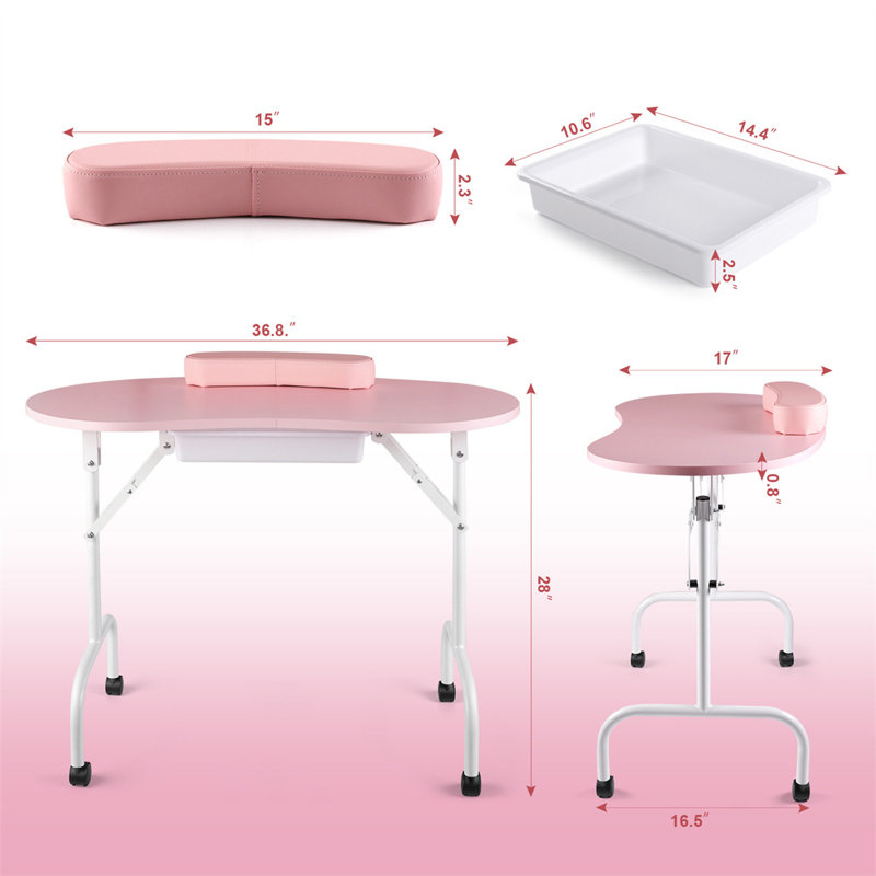 Table à ongles portable rose avec tiroir, roues et coussin de poignet