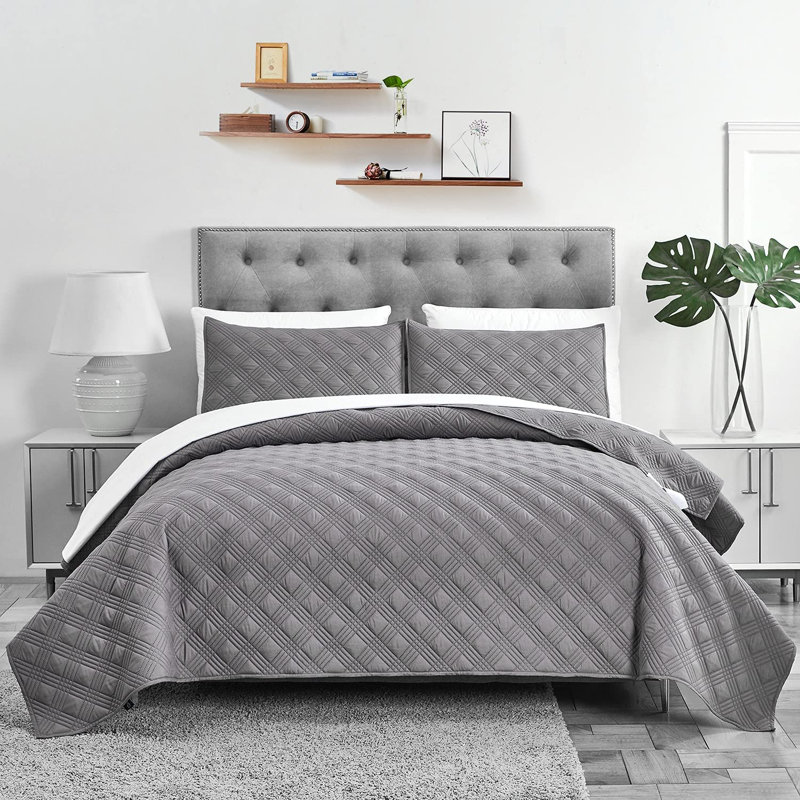  Ensemble de courtepointe en polyester percale, Gris, Courtepointe pour lit simple et deux taies décora