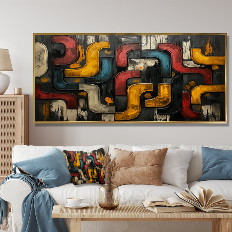 Okeima - Abstract Large Wall Art, H 28 po x l 60 po, Cadre flottant, Doré