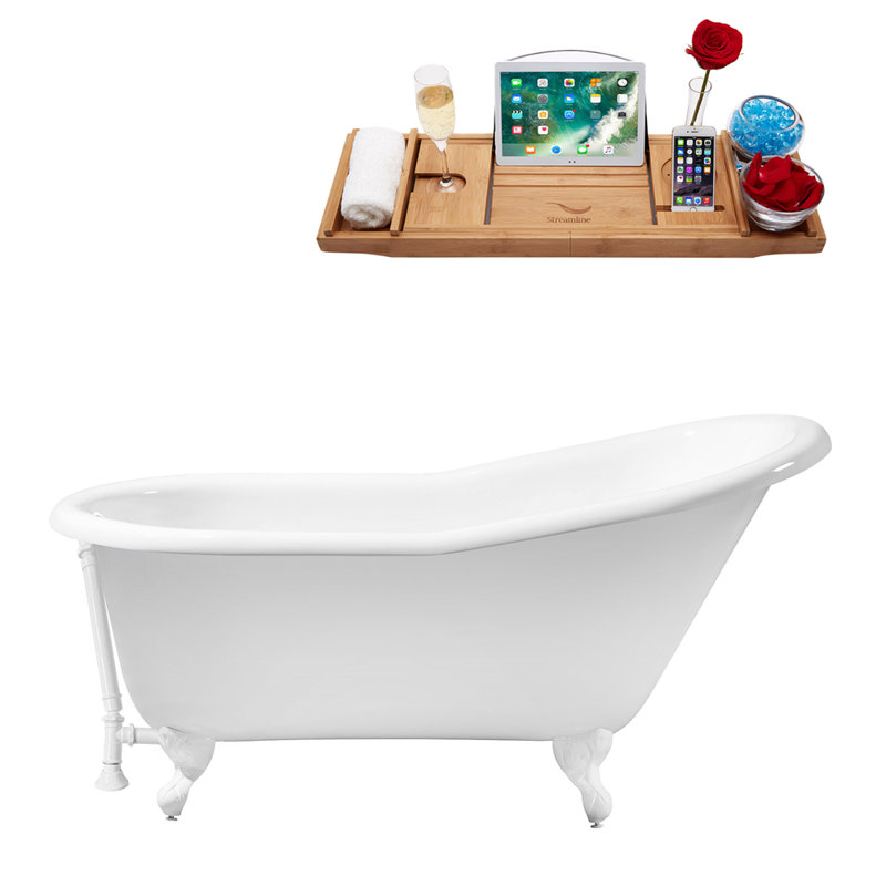 Baignoire de trempage sur pattes 60 "avec drain, pattes et plateau en bambou 60" Streamline, Blanc lustré, Blanc lustré