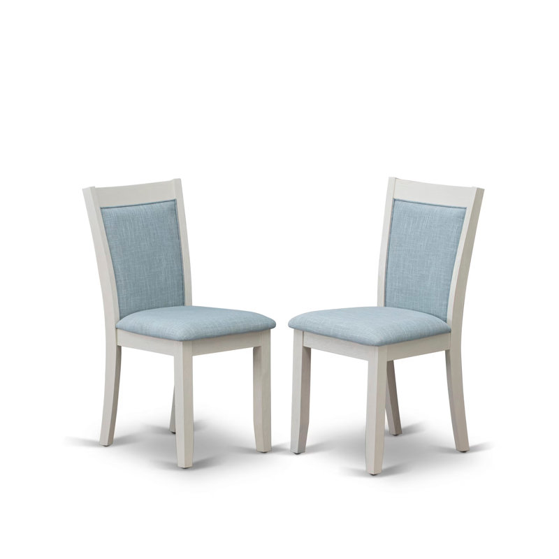 L'ensemble de table de salle à manger 7 pièces contient une table de salle à manger jacobine vieillie et 6 chaises de salle à manger en lin bleu bébé avec dossier élégant - Lin brossé blanc