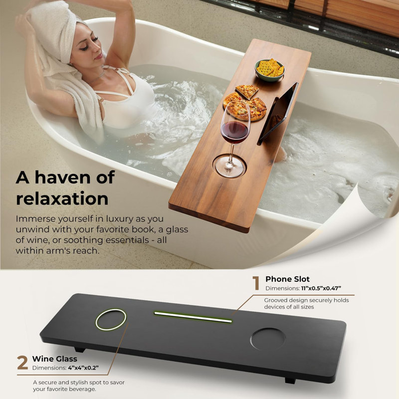 Premium Solid Acacia Bathtub Tray | Large Wooden Bath Tub Tray | Anti-Tipping, 2.5" H x 35" W x 9" D, Black