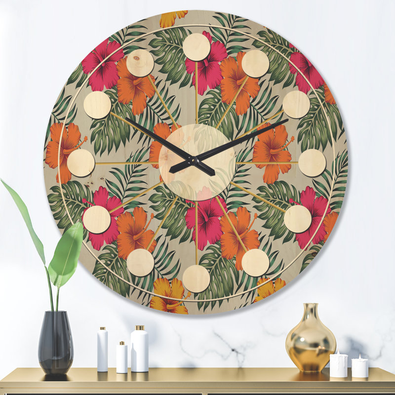 Horloge murale en bois Tropical Leaves III, Grand