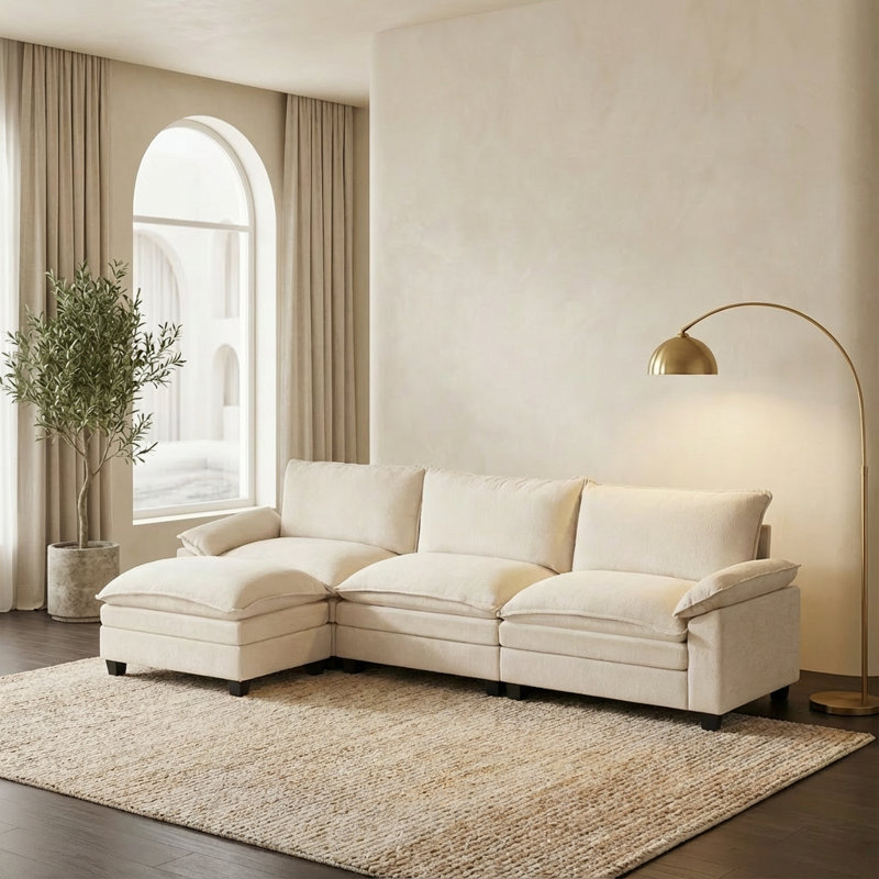 110" Modular Sectional Sofa With Ottoman, L Shaped 4-Seat Comfy Cloud Couches With Deep Seat, Beige, Beige, 4