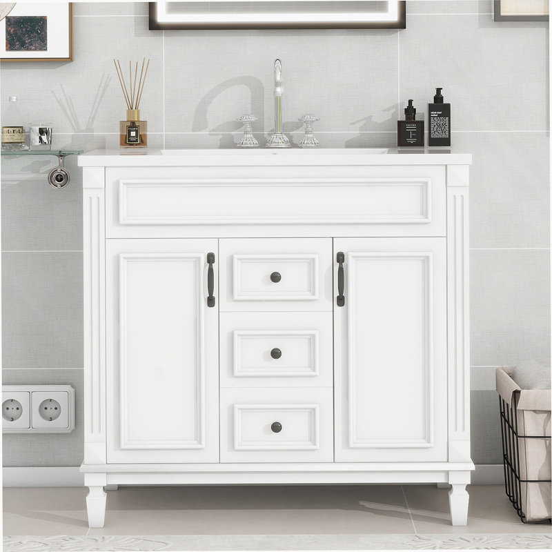 Meuble-lavabo moderne 36 po avec lavabo supérieur, Blanc