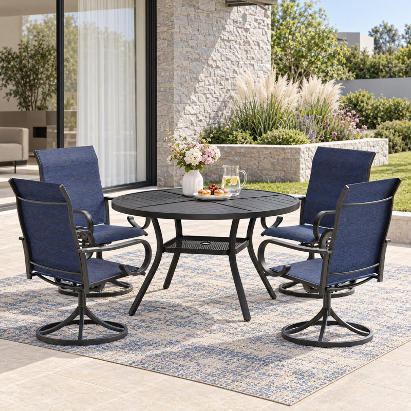 Steel Patio Dining Set Umbrella Hole Included Table,, Black/Blue