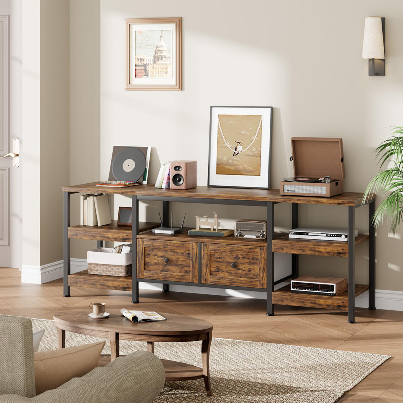 Modern-Industrial TV Stand with 2 Fabric Drawers, Entertainment Center for TVs Up to 75", Media Console with Storage Shelves, Open Design & Metal Frame