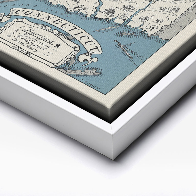 Carte illustrée du Connecticut, Canevas, H 24 po x l 32 po, Encadrement blanc