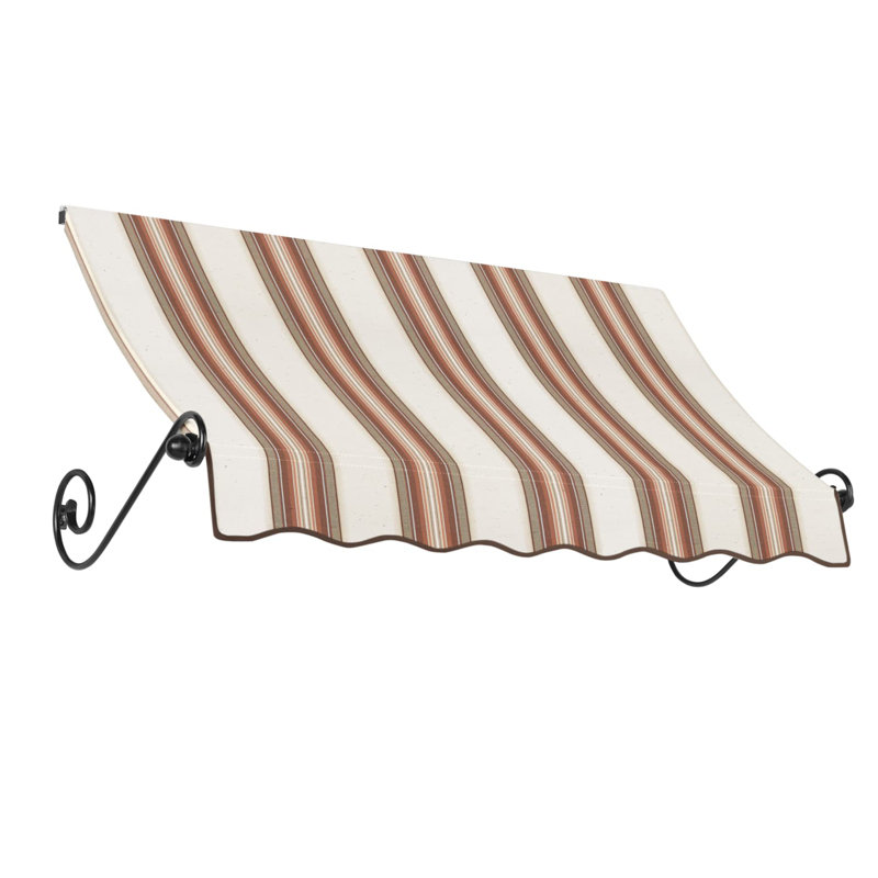 Awntech Charleston Acrylic Fabric Awning with Iron Scroll Arms, 24" H x 64.5" W x 36" D, Brown/Tan/Terracotta Multi