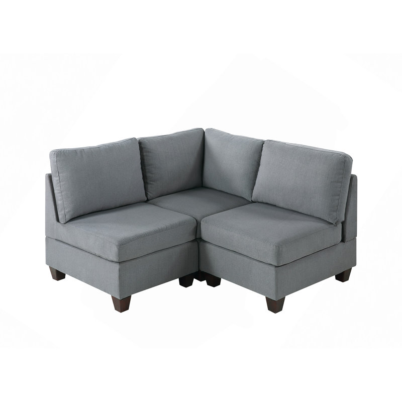 Canapé modulaire, ensemble modulaire gris, tissu d'aspect lin, structure en bois, sans accoudoirs et repose-pieds