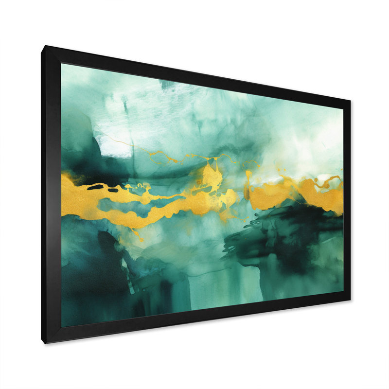 Impression d'aquarelle bleue avec or I - reproduction, H 20 po x l 12 po x P 1 po, Cadre simple noir