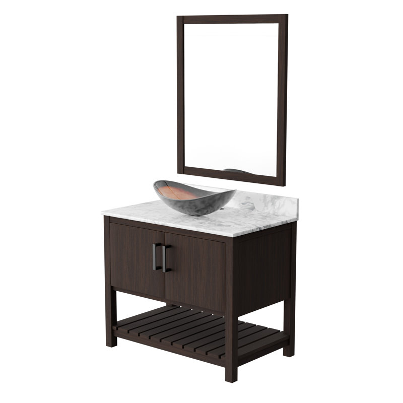 Meuble-lavabo 36 po avec comptoir et lavabo en marbre de Carrare, quincaillerie et miroir noir mat, Matte Black