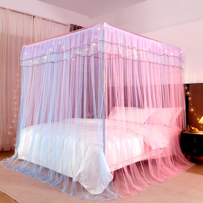 Auvent de lit avec lumières, auvent de lit simple avec étoiles lumineuses, rideaux de lit à baldaquin, Bleu / rose