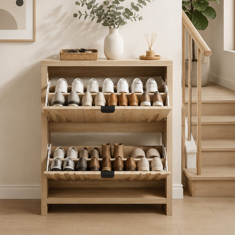 Armoire à chaussures 31,5 po à panneau sculpté en chêne avec grande capacité de protection contre la poussière
