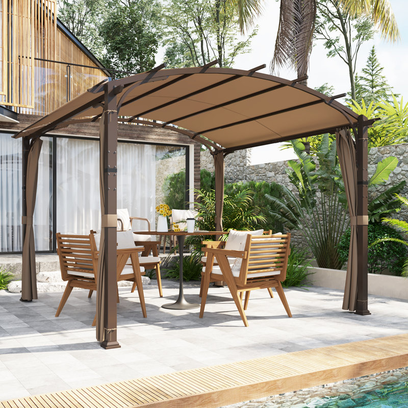 Gray Steel 11x11 Outdoor Pergola with Canopy and Curtains