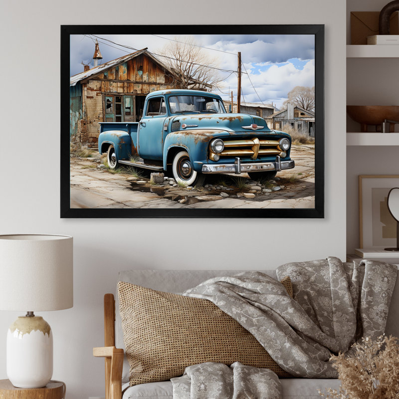 Camionnette bleue au bord de la route, nostalgie, H 12 po x l 20 po x P 1 po, Cadre simple noir