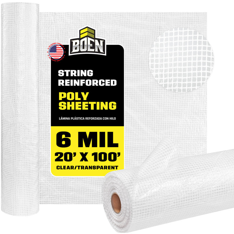 Boen Clear String Reinforced Plastic Sheeting 20 ft x 100 ft, 6 Mil Heavy-Duty for Dust Containment, Vapor Barrier & Jobsite Protection