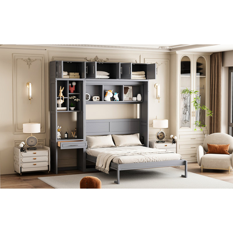 Grand lit en gris, avec trois armoires spacieuses, des tablettes intégrées et un bureau, un design peu encombrant pour les petits espaces avec finition grise, armoire supérieure, étagères, espaces optionnels, matelas