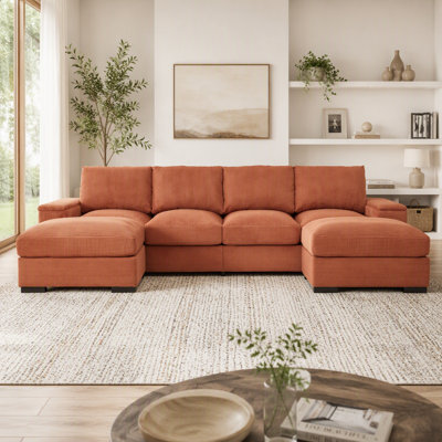 122 Inch U-Shaped Cloud Modular Sectional Sofa, Corduroy Sleeper Sofa For Living Room, Modern, Small Space, Easy Assembly, 4-Seat With 2 Ottomans, Orange