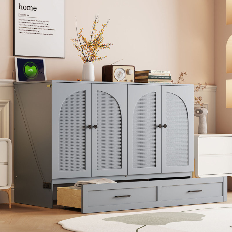 Lit escamotable avec grands tiroirs Murphy, Gris, Lit double