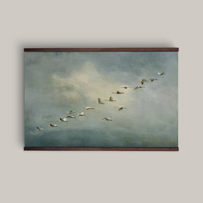 Extra Large Birds in Flight Wall Art – Vintage Sky Landscape Canvas Wall Hanging, Neutral Statement Décor