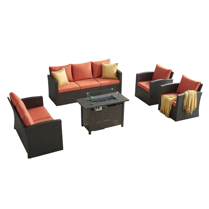 5-piece Patio Conversation Set With Fire Pit Table, Orange