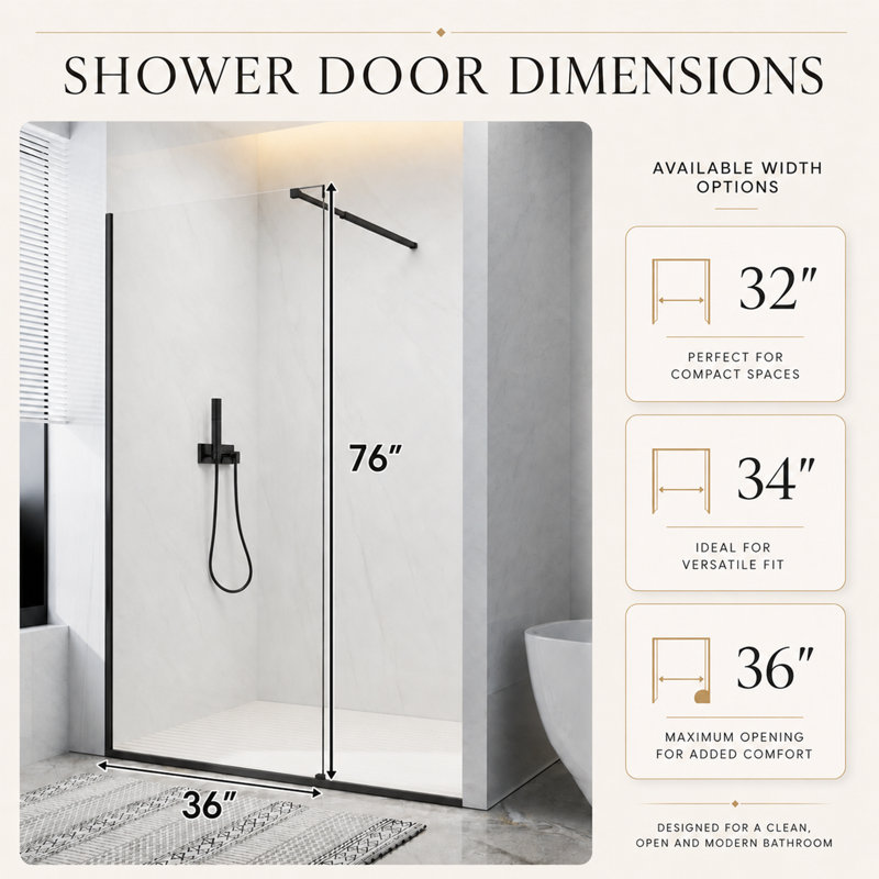 36" W x 76" H Frameless Single Panel Shower Door, 3/8" 10mm Tempered Glass, Matte Black, Wall-Fixed Edition, 36" W x 76" H