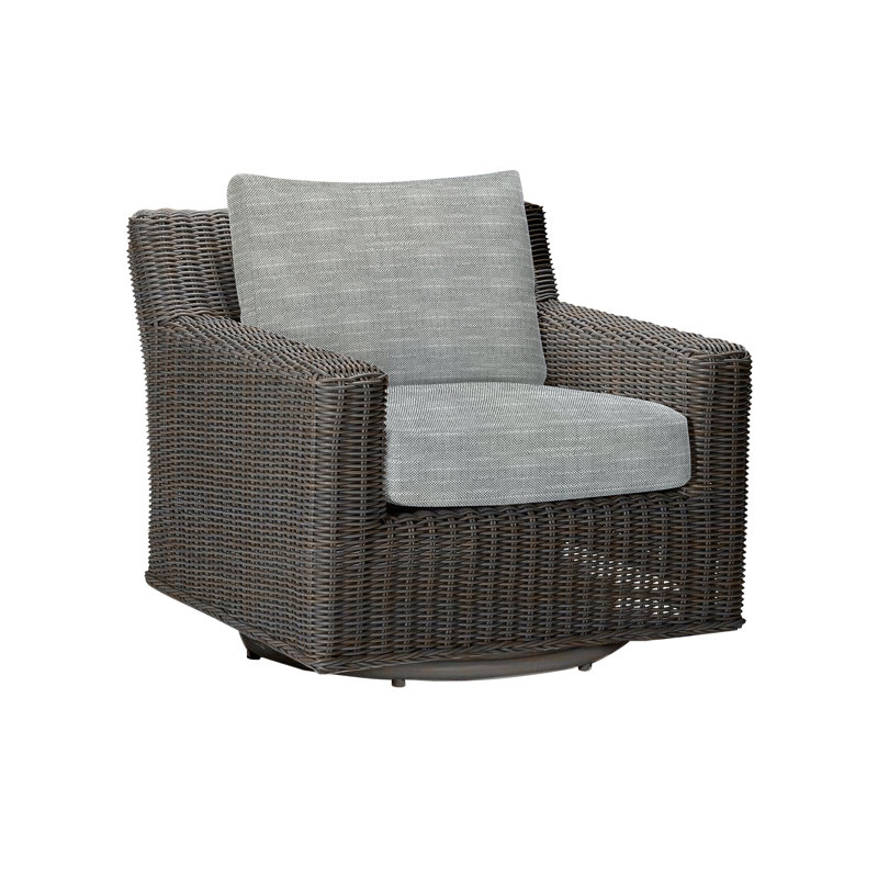 Rustic Swivel Patio Chair with Cushions, Rollo Silver InsideOut® Linen, Black Walnut, Welt