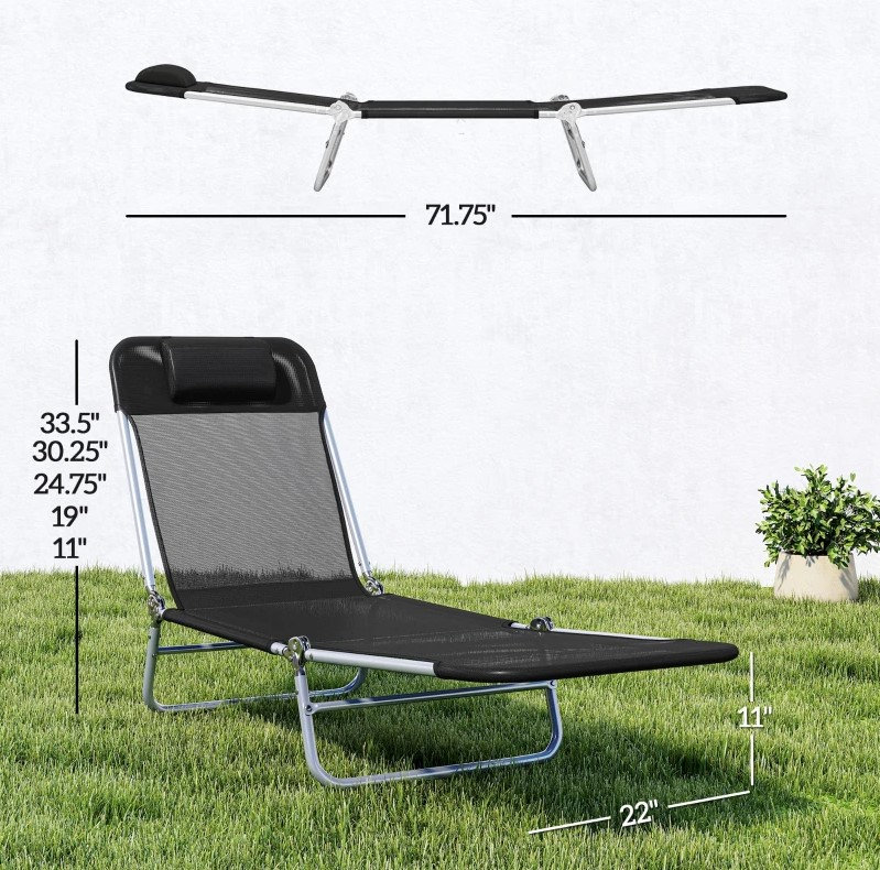 Chaise longue pliante en filet noir avec dossier à 5 positions et coussin pour piscine et patio, P 71,7 po, Noir, Argent