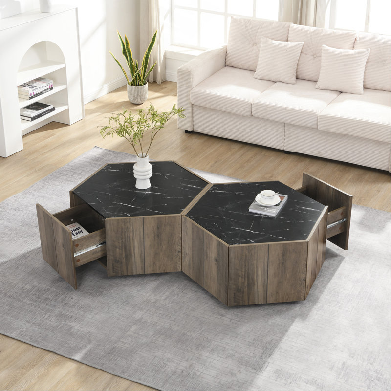 Table basse hexagonale rustique rétro en bois, avec 2 tiroirs cachés, dessus en marbre texturé, parfaite pour les intérieurs rétro