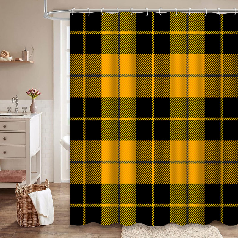 Rideau de douche Halloween à carreaux orange et noir avec 12 crochets, L 72 po x l 84 po