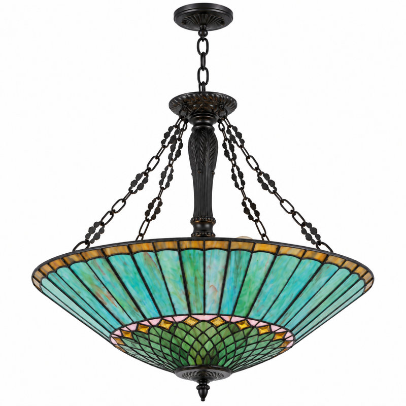 Lustre suspendu à 5 lumières en vitrail, inspiré du paon, avec chaîne noire et ampoules incluses., Ampoules incluses